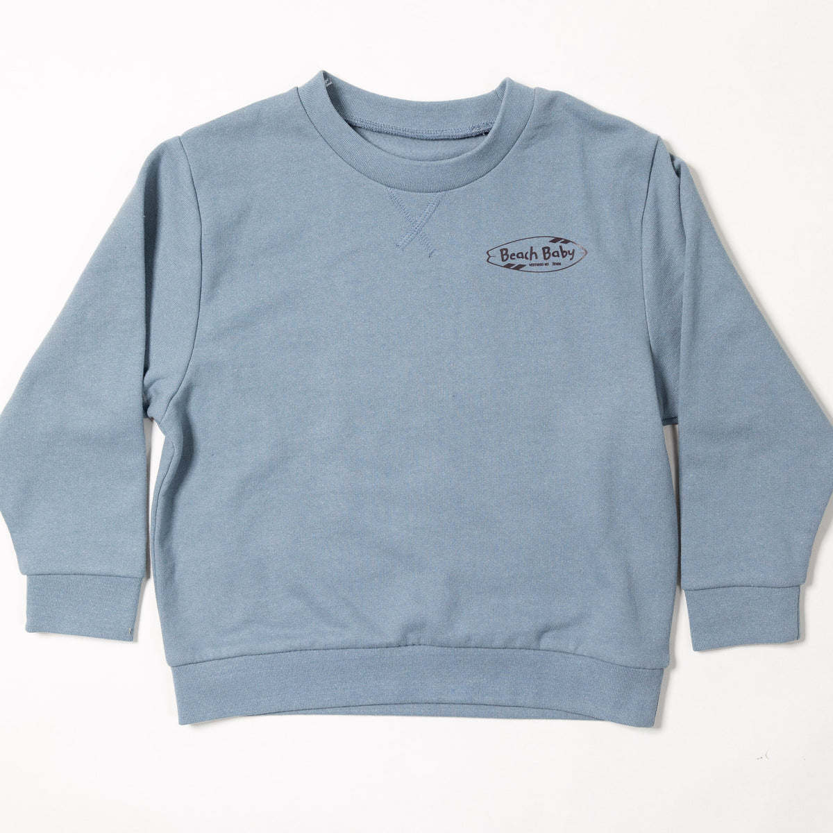 A light blue crewneck sweatshirt with a small embroidered logo on the left chest, laid flat against a white background.